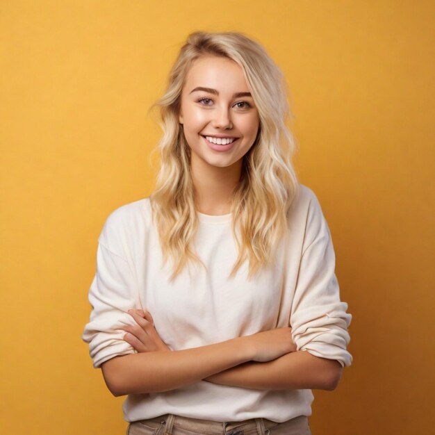 A happy young casual blonde girl standing isolated over a yellow wall arms folded