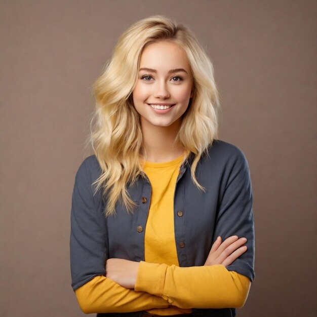 A happy young casual blonde girl standing isolated over a yellow wall arms folded