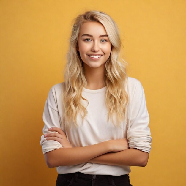 A happy young casual blonde girl standing isolated over a yellow wall arms folded