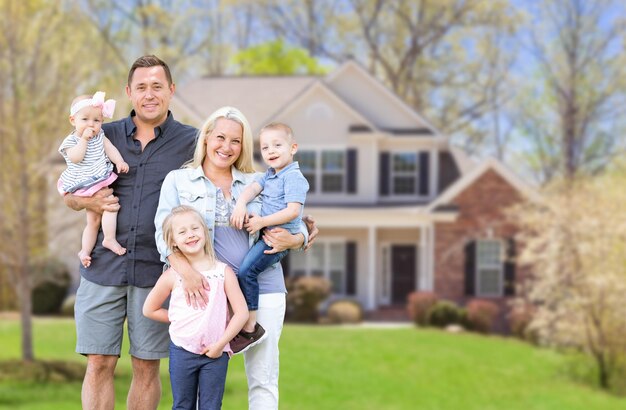 사진 새 집 앞 에 있는 행복 한 백인 젊은 가족