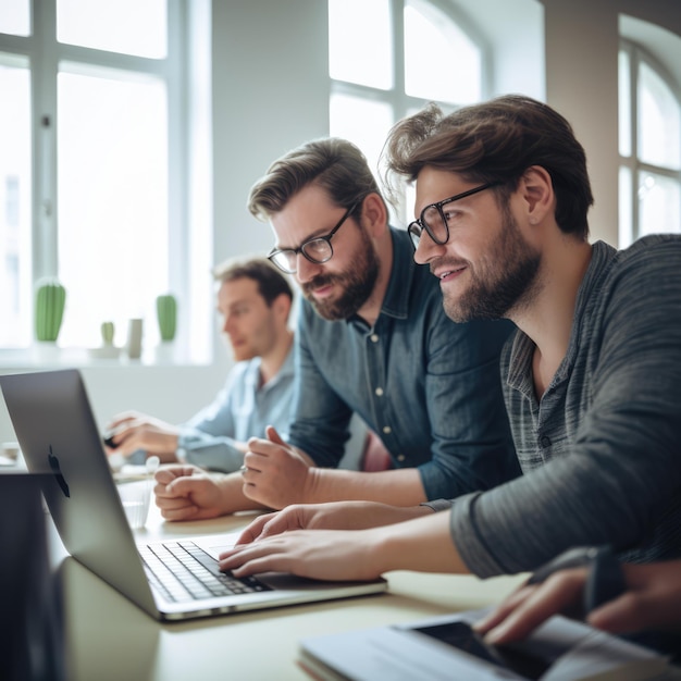 Happy young caucasian men using laptop in casual office created using generative ai technology