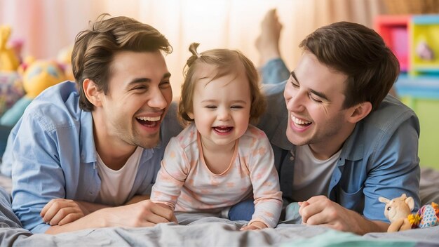 Happy young caucasian parents laughing while lying on their bed with their little daughter