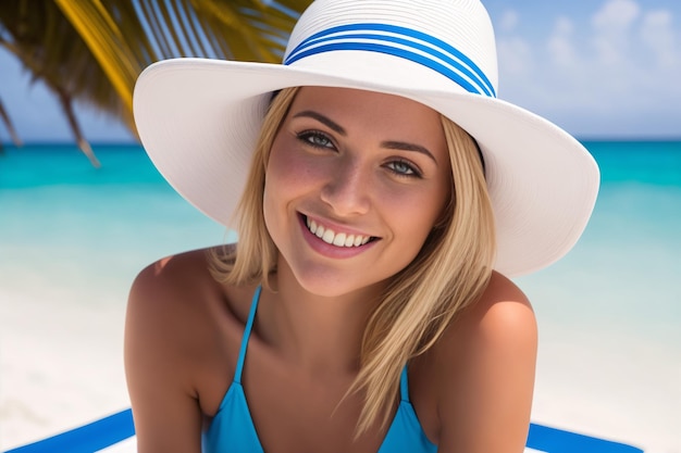 Happy young caucasian woman beach portrait Pretty beauty face of woman in bikini relaxing outside
