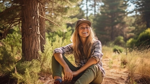 Happy young Caucasian woman relaxing on the ground under a pine tree after a strenuous walk Generative AI