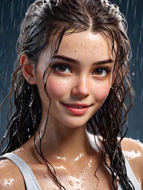 Happy young caucasian woman wet hair looking at camera fresh and cute