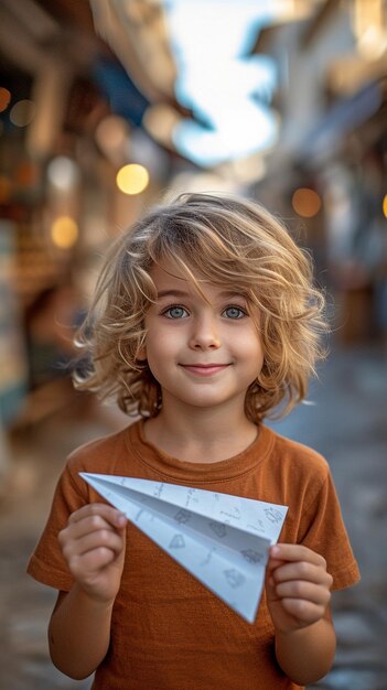 a happy young child flying a paper plane