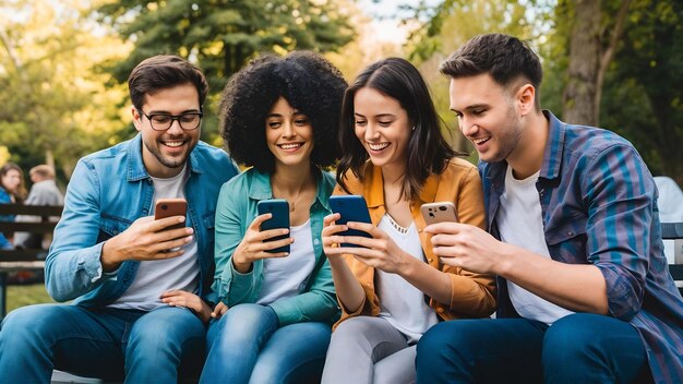 Happy young company of smiling friends sitting park using smartphones man and women having fun tog