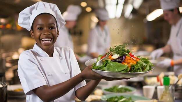 Happy young cook in uniform holding salad