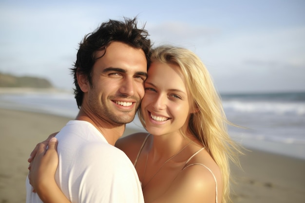 Счастливая молодая пара на пляже, созданная с помощью генеративного ИИ
