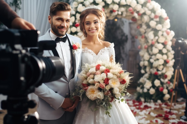 Happy Young Couple Capturing Wedding Traditions in Beautiful Photo Shoot