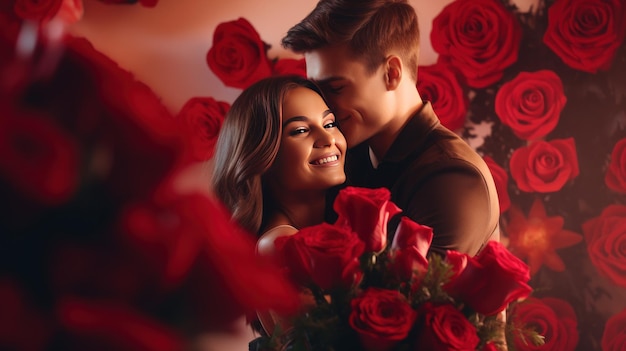 Happy young couple celebrating valentine39s day in a large room red background with a large bouquet of red flowers