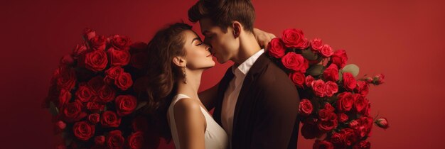 Happy young couple celebrating Valentine39s Day in a large room red background With a large bouquet of red flowers