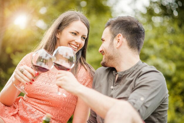 Happy young couple drinking wine on a picnic