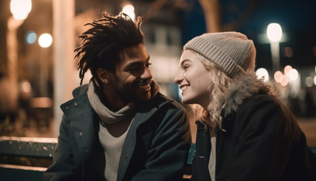 AI によって生成された冬の夜、屋外で抱き合う幸せな若いカップル