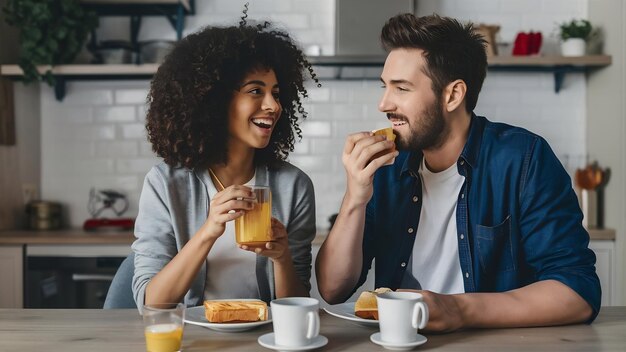 Happy young couple enjoying breakfast in the kitchen