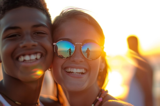 Happy young couple enjoying sunset with sun flare reflecting in sunglasses