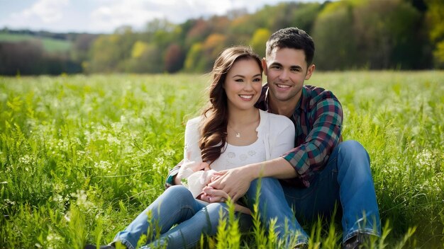 Happy young couple on the field in spring