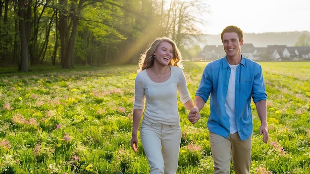 Happy young couple on the field in spring