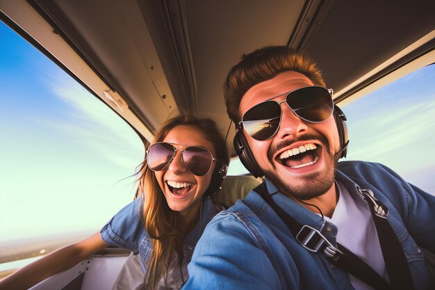 Happy young couple flying in small airplane Generative AI