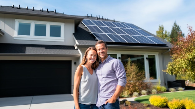 happy young couple and a house with solar panels on the background