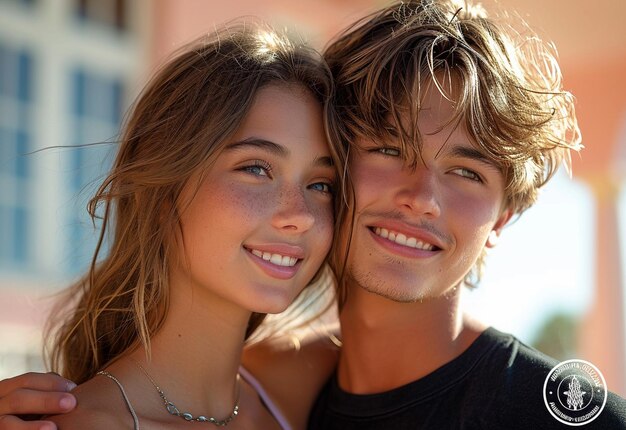 Photo happy young couple hugging and looking at each other