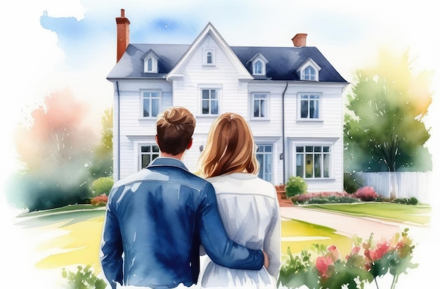 happy young couple hugging outside newly constructed house back view watercolor illustration