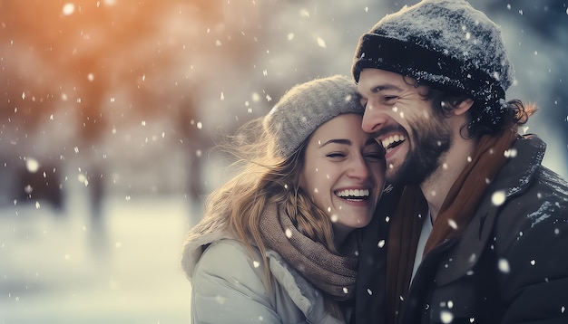 Happy young couple hugging together on winter morning