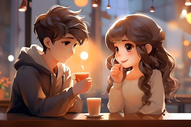 행복한 젊은 부부는 카페에 앉아 커피를 마시며 미소 짓고 있습니다.