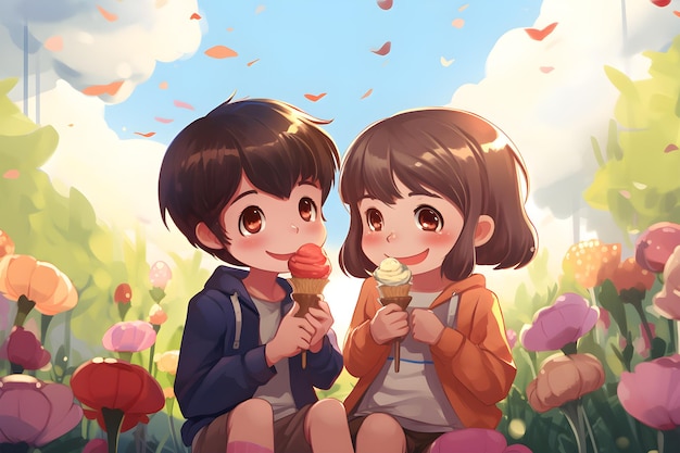 Happy young couple is drinking ice cream and smiling while sitting at the flower garden