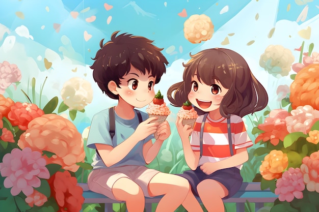 행복 한 젊은 부부는 꽃 정원에 앉아 아이스크림을 마시며 미소 짓고 있습니다.