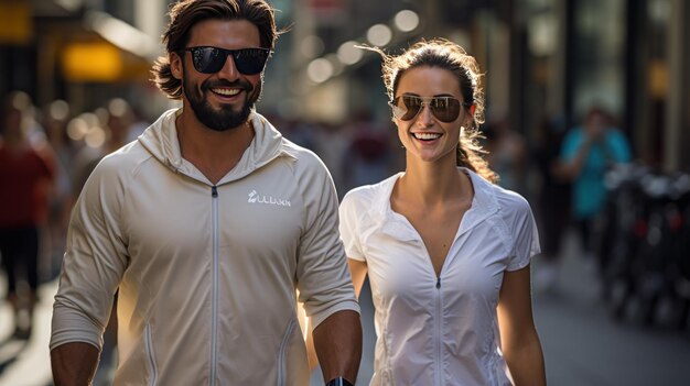 Photo happy young couple is walking in the city they are wearing sunglasses and smiling