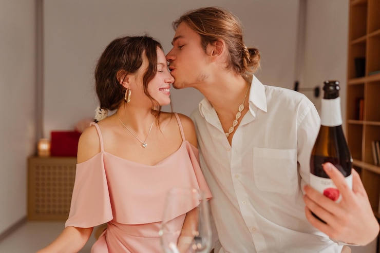 Photo 幸せな若いカップルがキスをしている 魅力的な男と女がワインを飲んでいる バレンタインデー 恋のデート