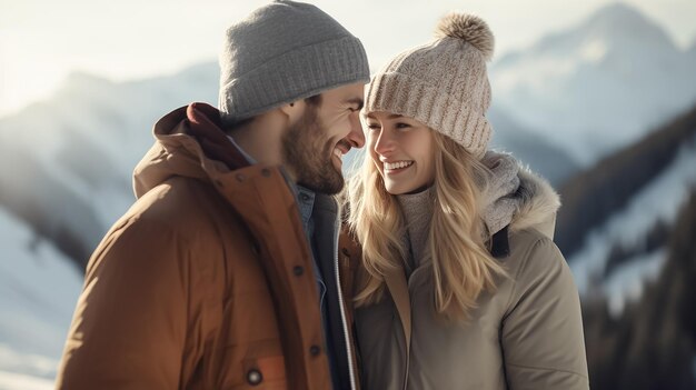 Photo happy young couple in love against the backdrop of mountain winter snowy landscape closeup shot