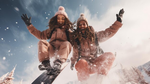 Счастливая молодая влюбленная пара катается на лыжах и сноуборде.