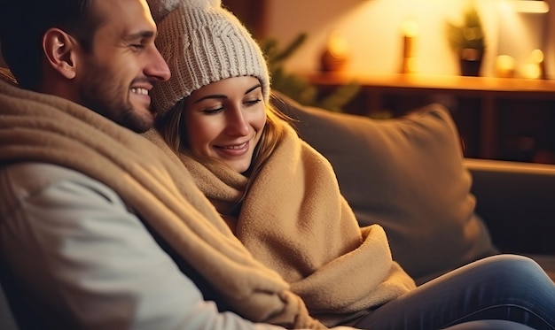 Happy Young couple in love in wool plaid and scarf and wearing warm hat sitting on sofa at home in