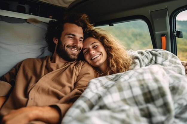 Happy young couple lying together in a van enjoying vacation time together Generative AI