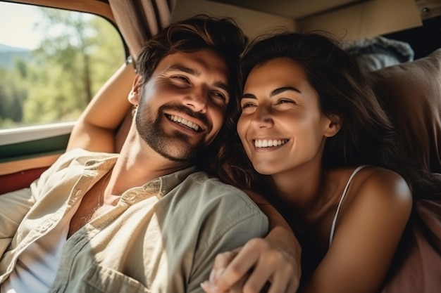 Happy young couple lying together in a van enjoying vacation time together Generative AI