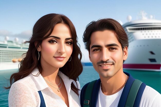 Photo happy young couple man and woman in front of cruise ship active people having fun generative ai