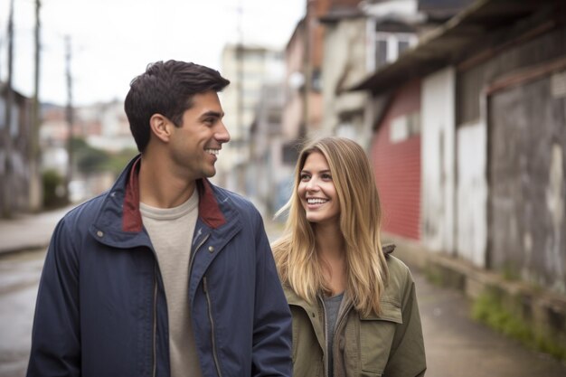 A happy young couple out for a walk together in an urban setting created with generative ai