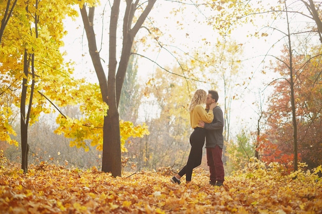 숲 속의 아름다운 가을날 야외에서 행복한 젊은 커플