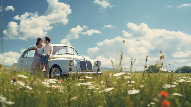 Photo happy young couple in retro car