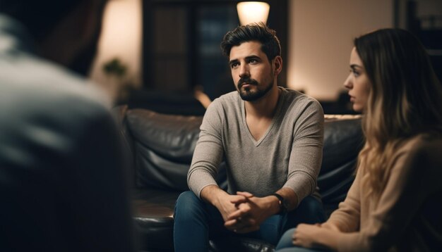 A happy young couple sitting on the sofa talking and bonding generated by AI