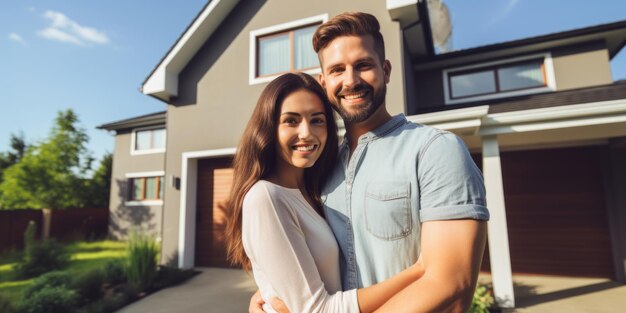 Happy young couple standing in front of new home