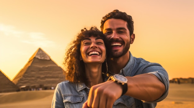 Happy young couple taking selfie in front of egyptian pyramids