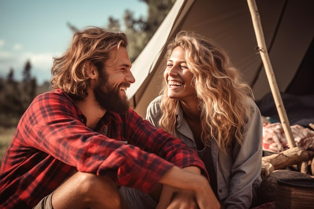 happy young couple travel camping smiling man and woman fair hair and dark hair beard red shirt on n