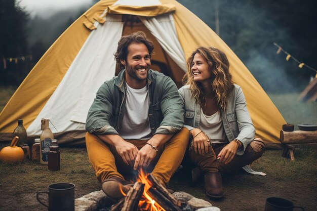 happy young couple travel camping smiling man and woman fair hair and dark hair beard red shirt on n