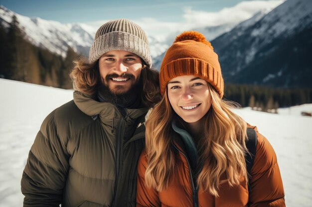 Happy young couple traveler in winterwear on snow mountain adventure travel