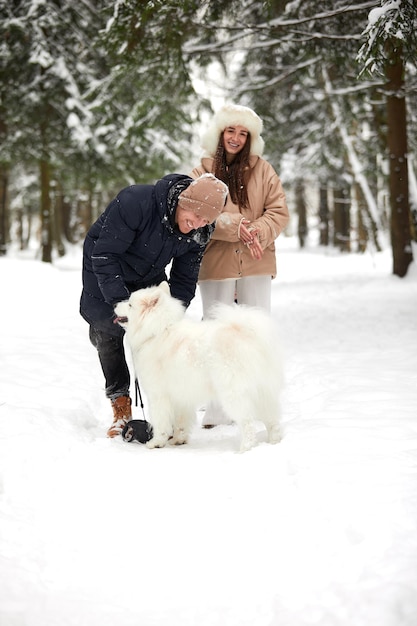 純血種のシベリアンハスキーと遊んで、雪に覆われた松林で楽しんでいるウィンターウェアの幸せな若いカップル