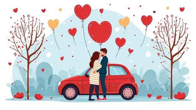 Foto una giovane coppia felice con un'auto che celebra il giorno di san valentino all'aperto