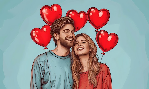 Счастливая молодая пара с воздушными шарами в форме сердца на цветном фоне в мультяшном стиле День Святого Валентина
